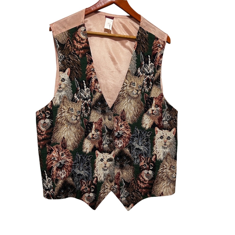 VTG‎ Mustang Women Grandmacore Kitsch Cat Tapestry Vest 1X Button Front Tie Back